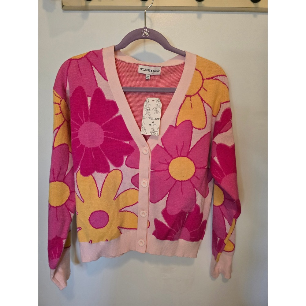 Willow & Wind Womens Floral Cardigan Sweater Pink Yellow Daisy V-Neck Large NWT